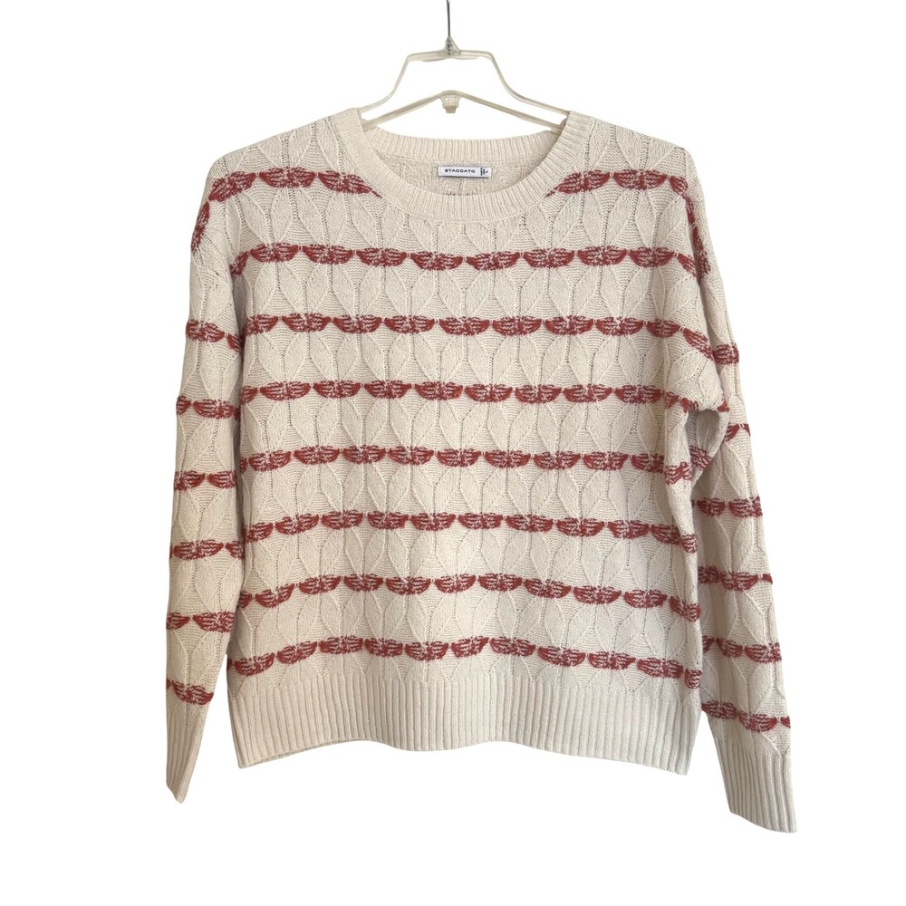 Staccato Womens Crew Neck Sweater Large Cream Rust Orange Textured Knit Pullover